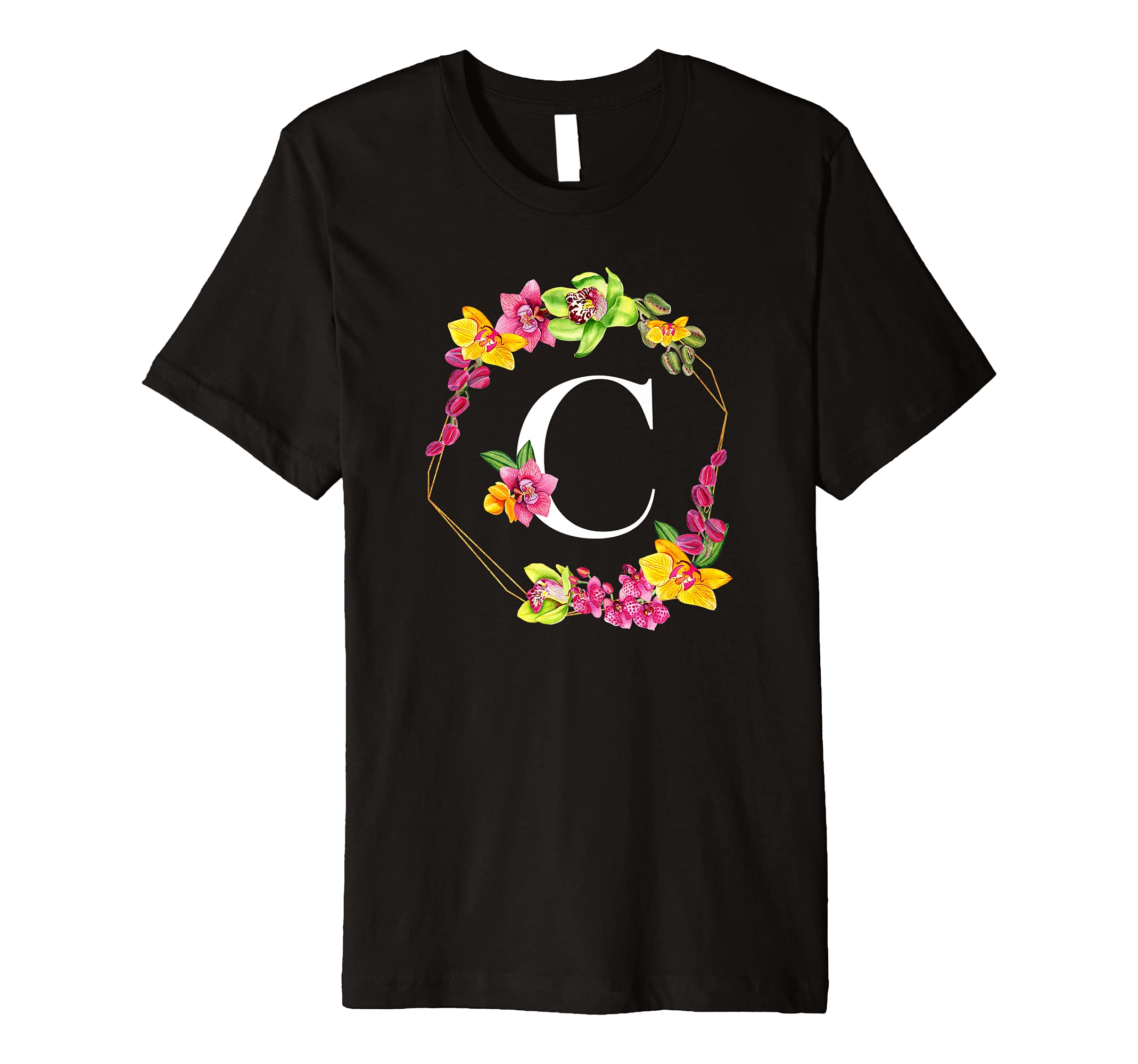 Pink Yellow Green Orchids Floral Monogram Initial Letter C Premium T-Shirt