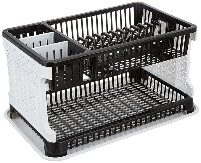 Image of HomeWiz Large 2 Tier Plastic Dish Drying Rack | Double Deck Utensil Rack with Cutlery Holder & Drainage | 50 KG + Weight Capacity | Heavy Duty Rust-Free BPA-Free Kitchen Drying Stand | 47 x 29 x 27cm