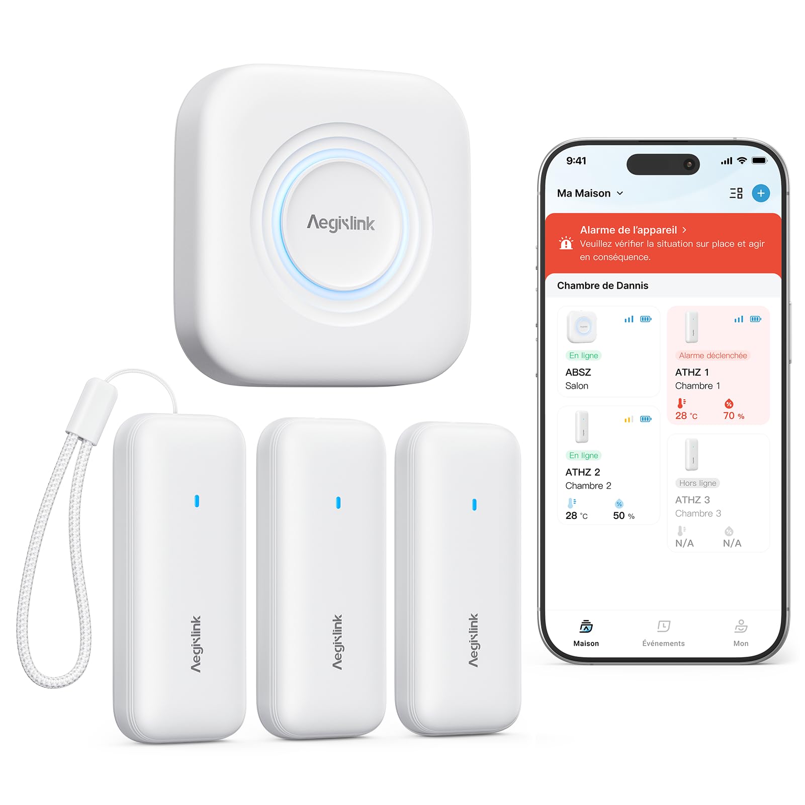 AEGISLINK Hygromètre Thermomètre WiFi, Moniteur de Température Intelligent, Mini Capteur d’Humidité avec Notification, Stockage et Export de Données, Compatible Alexa, ATHZ31 | Compatible Alexa, Notifications, Stockage et Export des Données