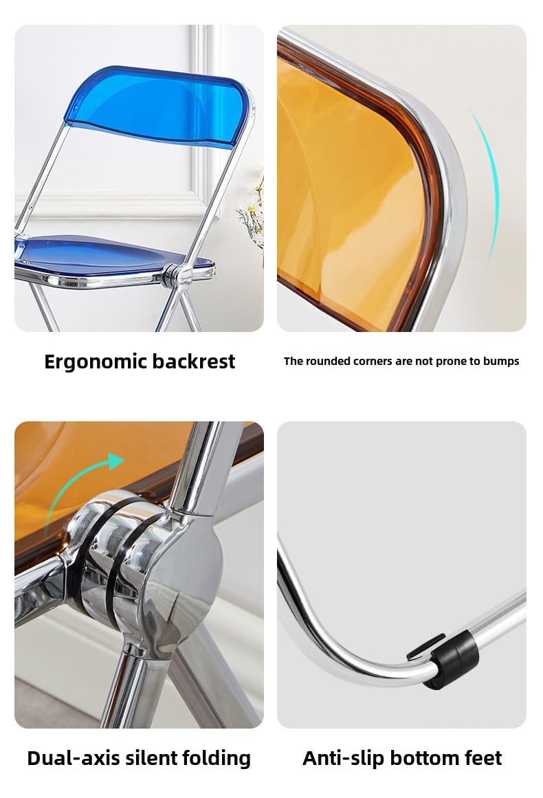 Moderner faltbarer Acryl-Stuhl mit Metallrahmen, ergonomische Mehrzweck-Sitzlösung (silberfarbenes Gestell, transparente Tee-Nudeln, Spurstangen-Version)