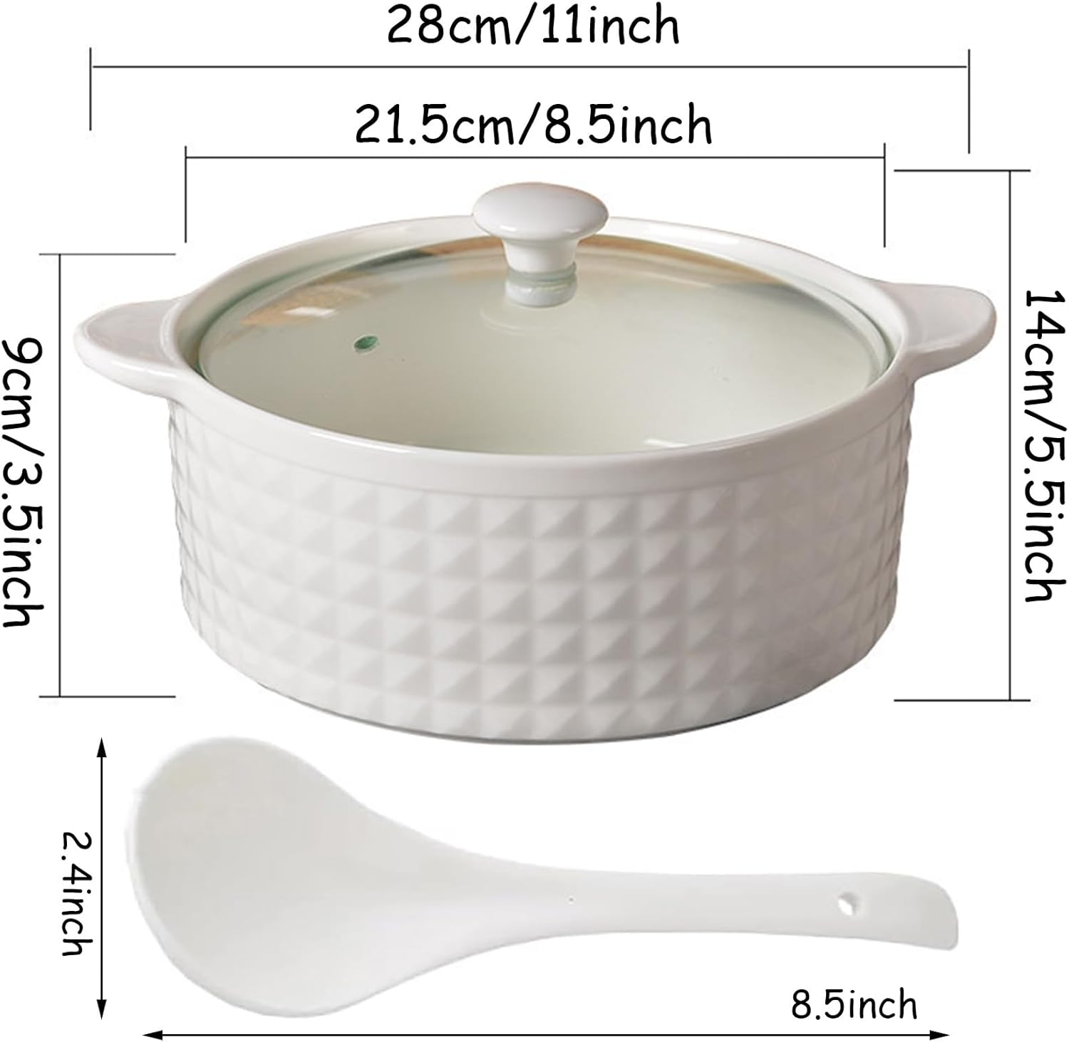 Ceramic Soup Tureen with Glass Lid, Large Capacity Serving Soup Bowl with Spoon, White Porcelain Round Soup Bowls with Gold Design Round Bowl for Home Kitchen Restaurant,White