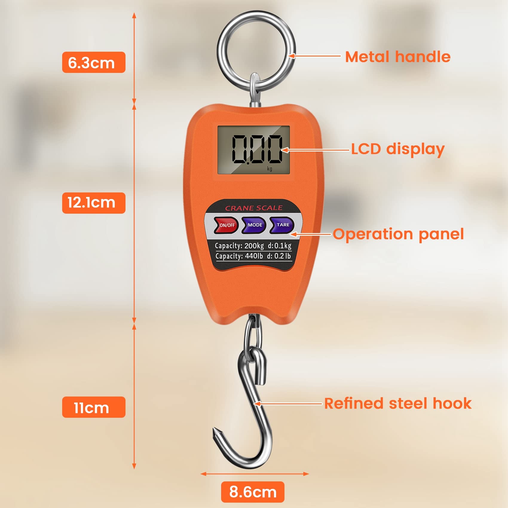 Mini Balance de Grue Pesant la Balance Suspendue Industrielle NuméRique 200Kg/441Lb Balances à Crochet Suspendues Robustes Orange