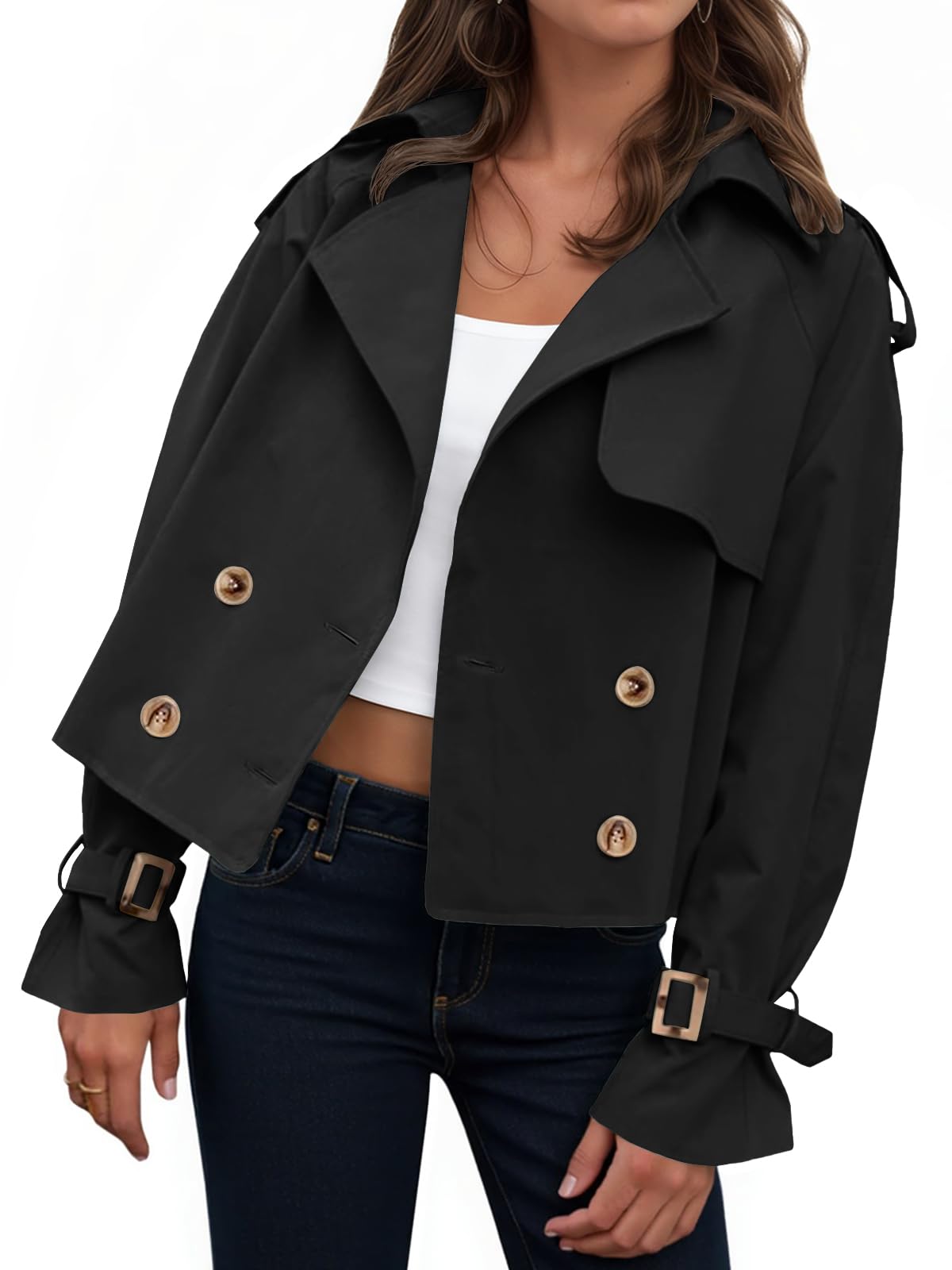 Tankaneo Trench corto da donna, oversize, doppio petto, risvolto, maniche lunghe, giacca corta alla moda