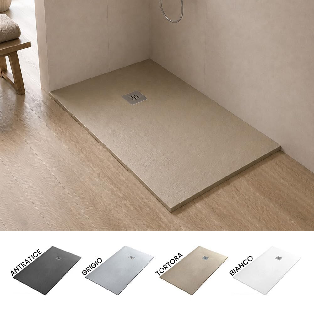 Piatto doccia marmoresina con effetto pietra serie Karen, in diverse dimensioni e colori, spessore ultraslim 3 cm, riducibile su misura, COMPLETO di kit scarico (70x90, Beige)