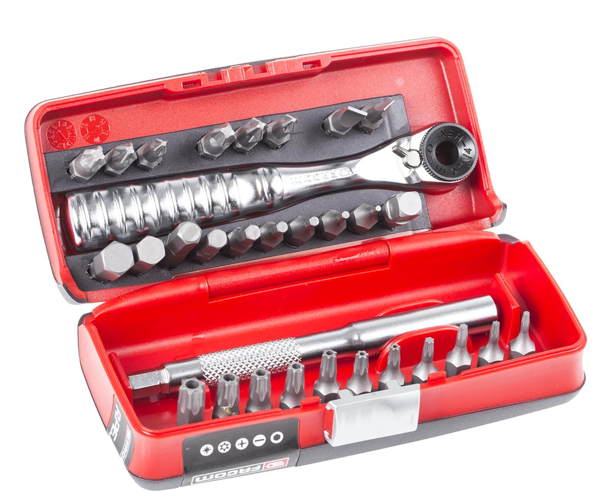 FACOM - Coffret d'Embouts 1/4" 31 Pièces - R.PEJ31 - 1 Cliquet Porte-Embouts 1/4" Ultra Compact, 1 Rallonge, 28 Embouts, 1 Embout Porte-Douilles et 1 Coffret Bimatière Compris