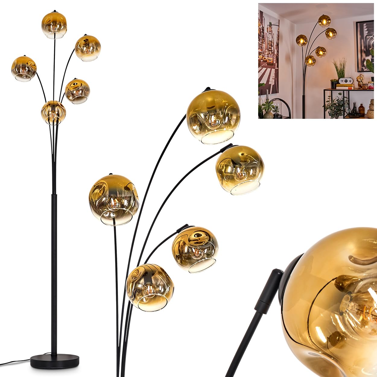 Lampadaire Ripoll, lampadaire en métal/verre noir/or/clair, luminaire au design moderne rétro/vintage avec abat-jour en verre (Ø 15 cm) et interrupteur à pied, hauteur 210 cm, 5 x E14, sans ampoules