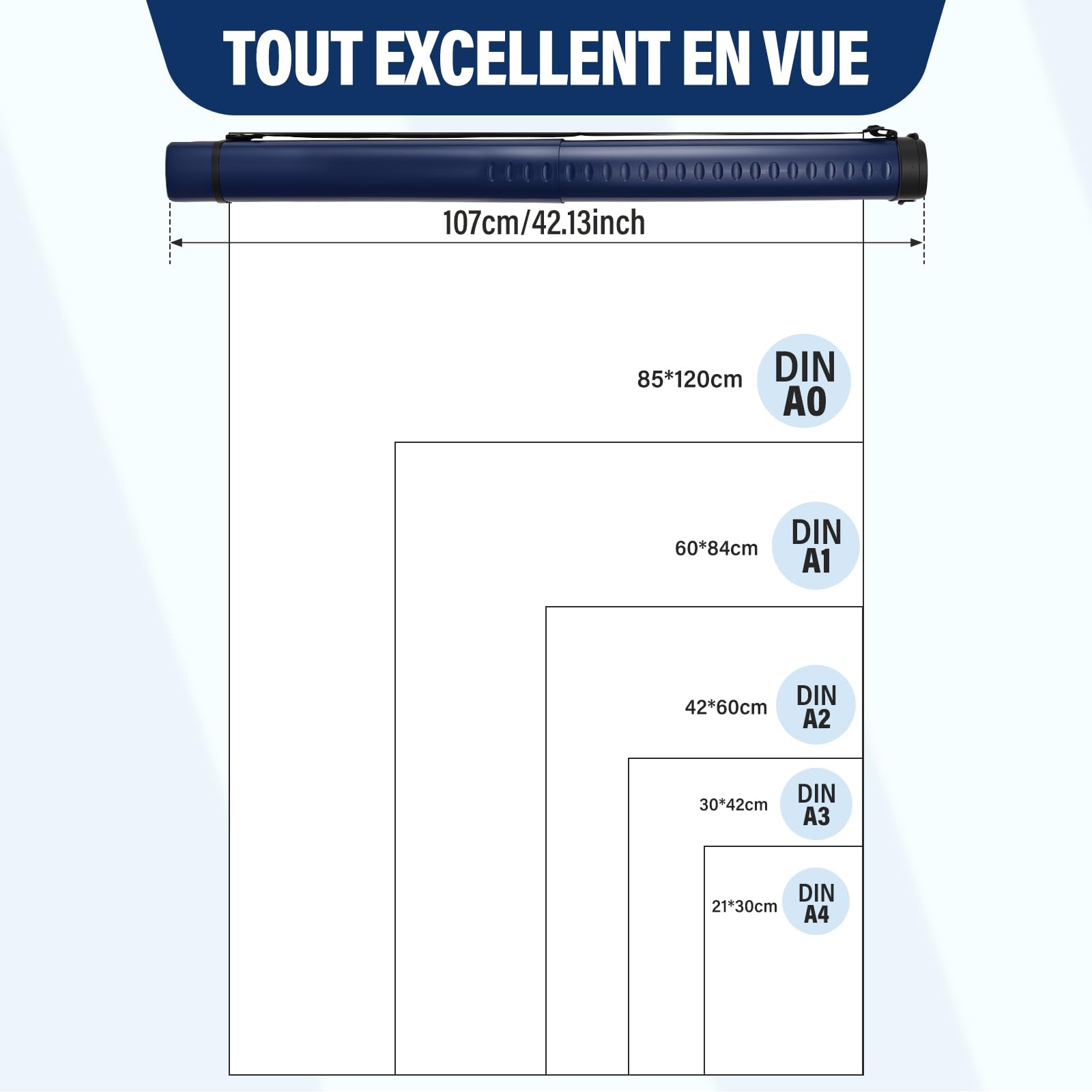 DEWEL Rouleau de Transport télescopique A0, 62-107 cm, pour Posters et Tableaux, Bleu foncé