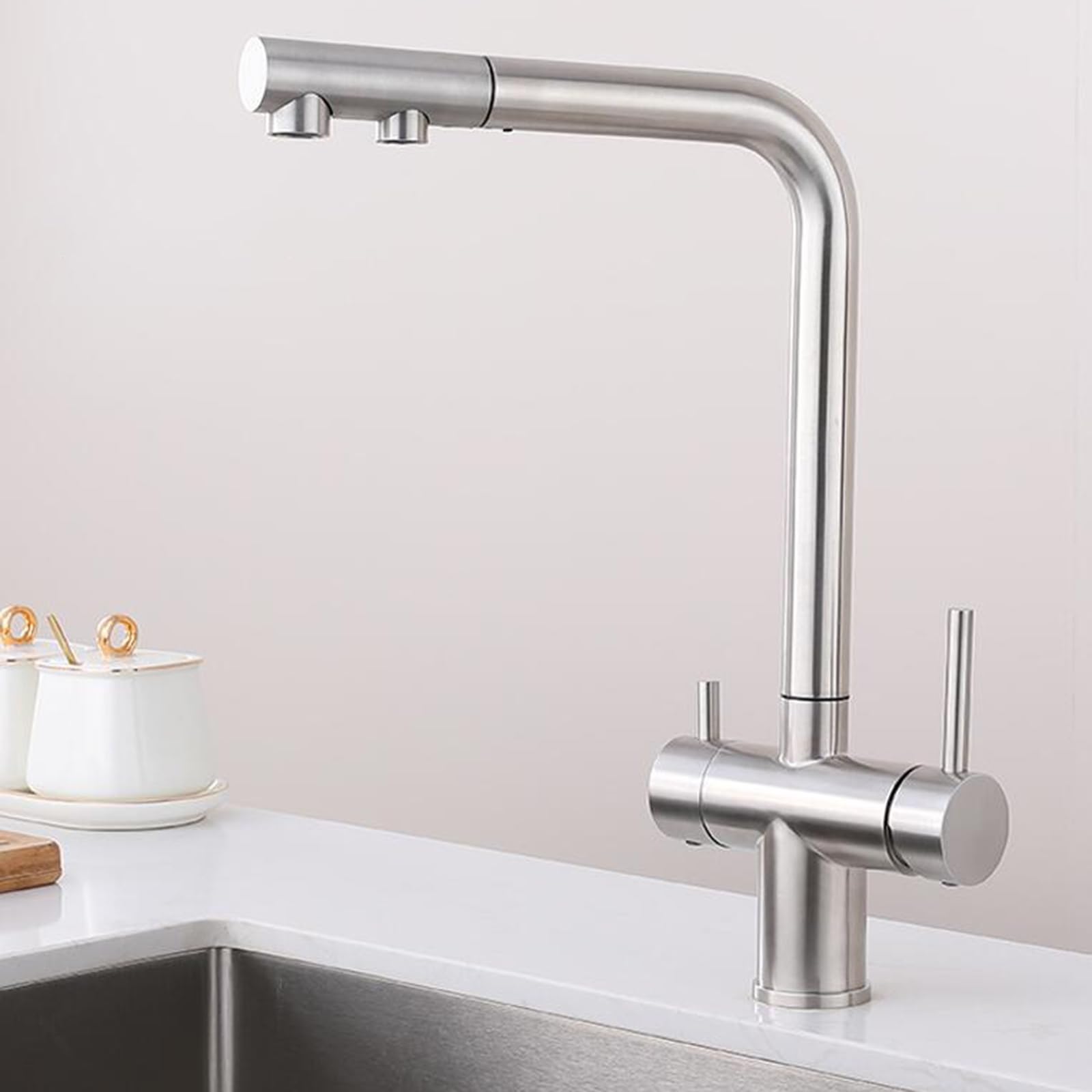 Grifo de Cocina Osmosis 3 Vias Extraible Doble Manija Giratorio de 360 ° Acero Inoxidable-Cepillado