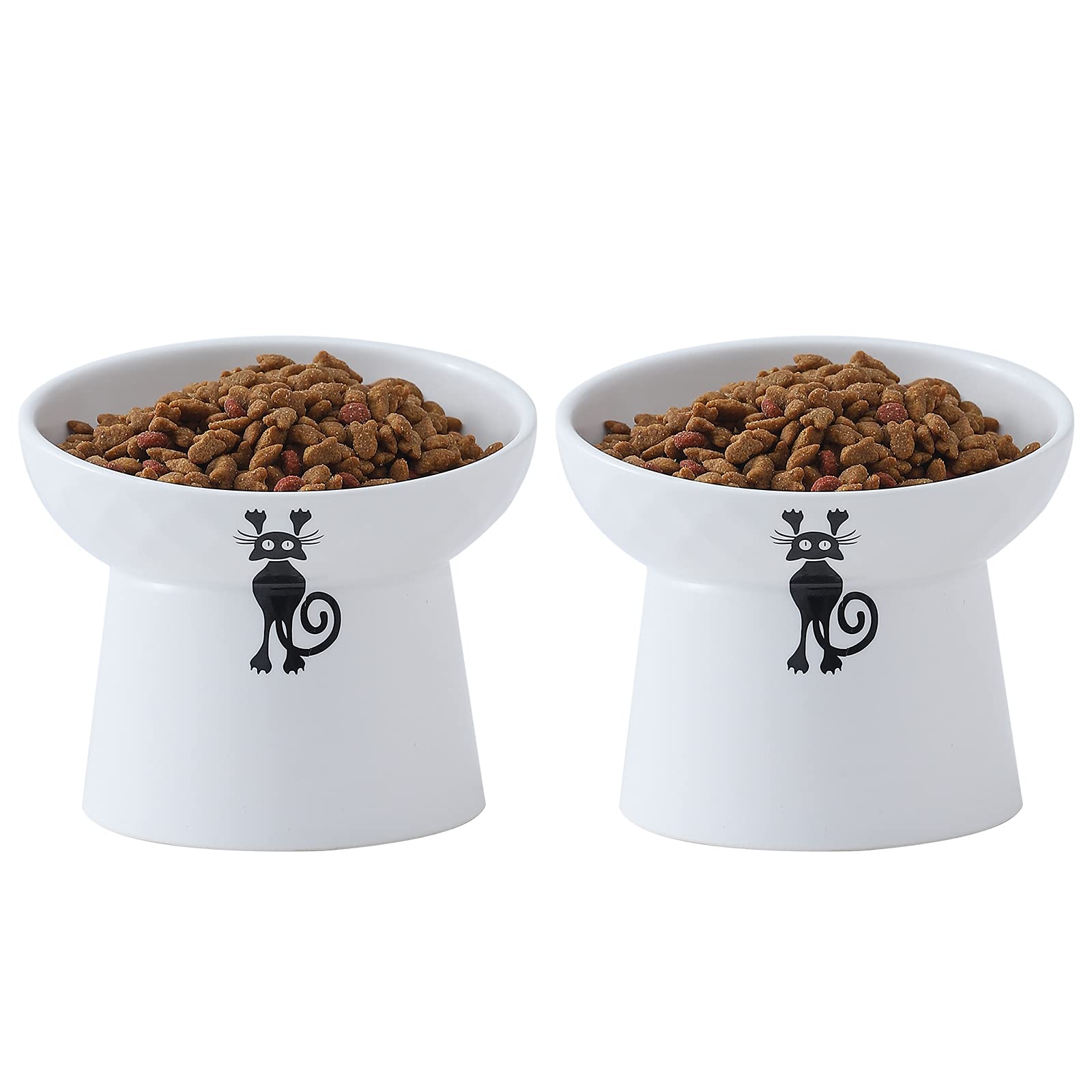 Ceramic Raised Cat Bowls, Tilted Elevated Cat Food and Water Bowls Set, Porcelain Stress Free Pet Feeder Bowl Dish for Cats and Small Dogs, Dishwasher and Microwave Safe - White, Set of 2