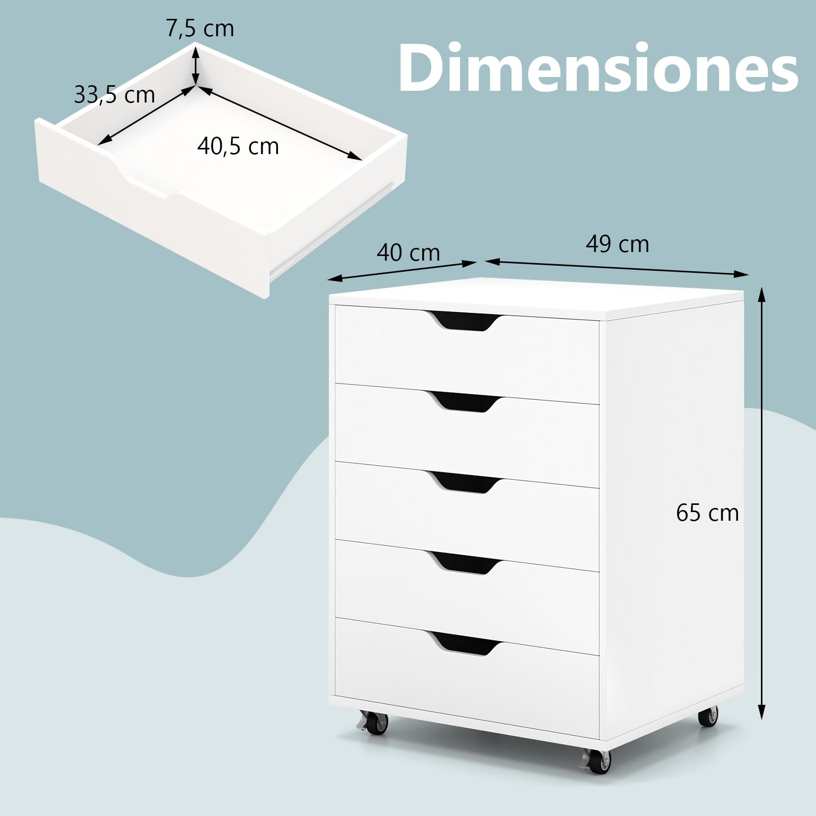 COSTWAY Cajonera de Oficina con 5 Cajones, Mueble Archivador con Ruedas, Soporte para Impresora, Archivador para Carta/A4/F4, Armario de Almacenamiento Multifuncional para Casa Oficina (Blanco)
