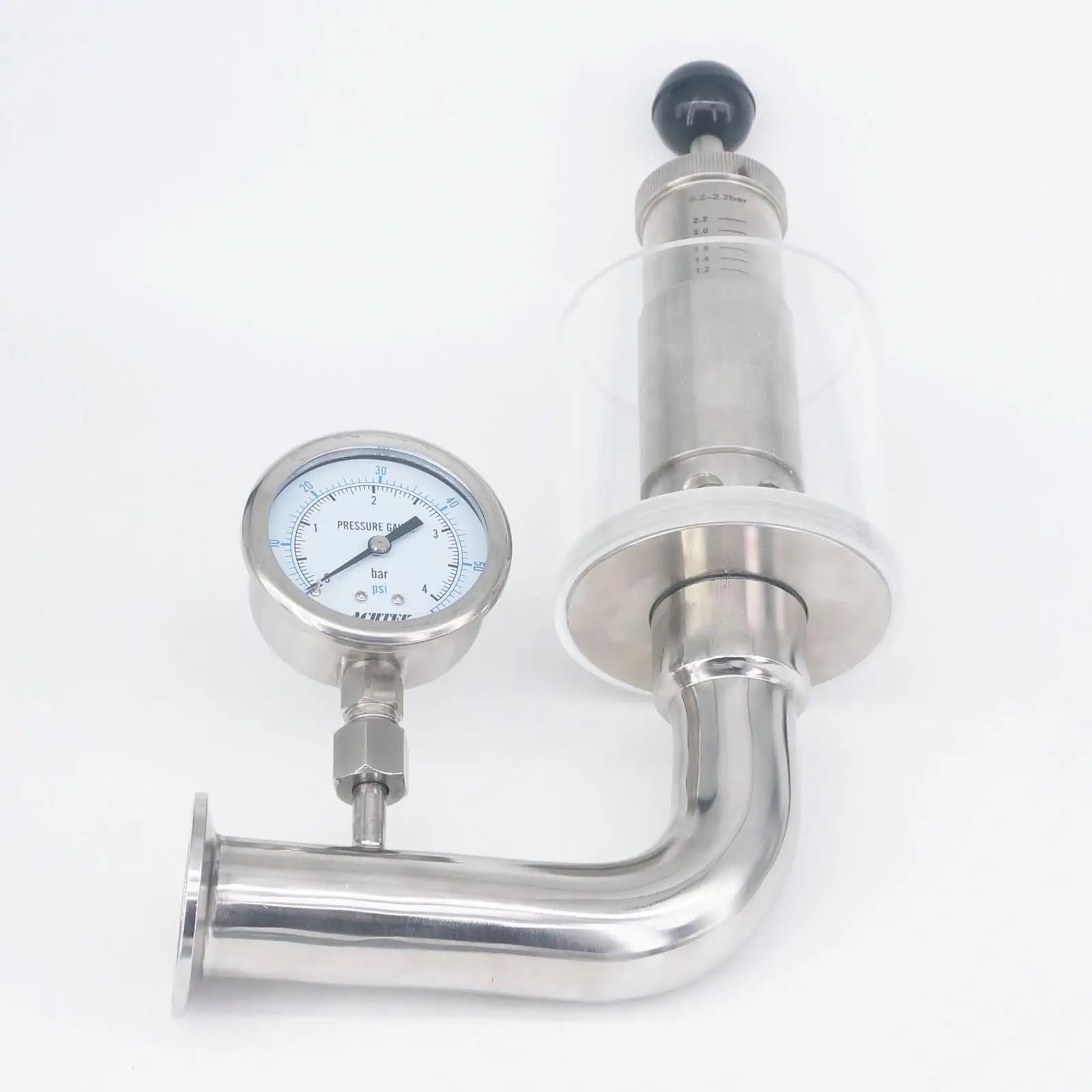 Válvula de Alivio presión Ajustable Acero Inoxidable 304 1,5" con Abrazadera Triple y manómetro, 0,2-2,2 Bar