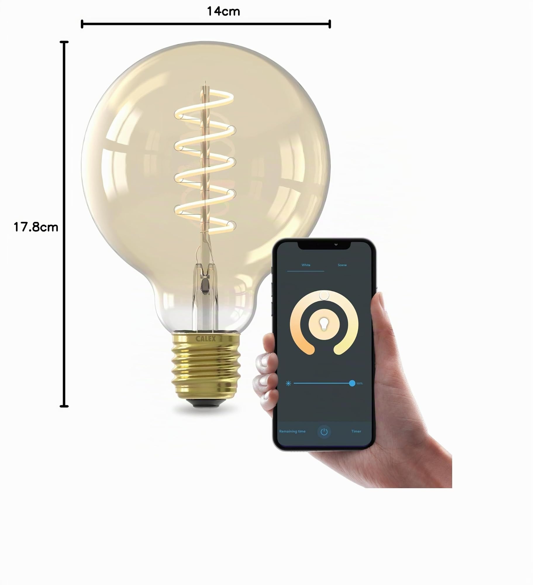 CALEX bombillas LED inteligentes, E27 G95 con filamento dorado, luz blanca, regulables, control por aplicación y voz, pack de 3 | Un brillo cálido y decorativo con filamento dorado visible, con control por voz mediante Alexa o Google Home