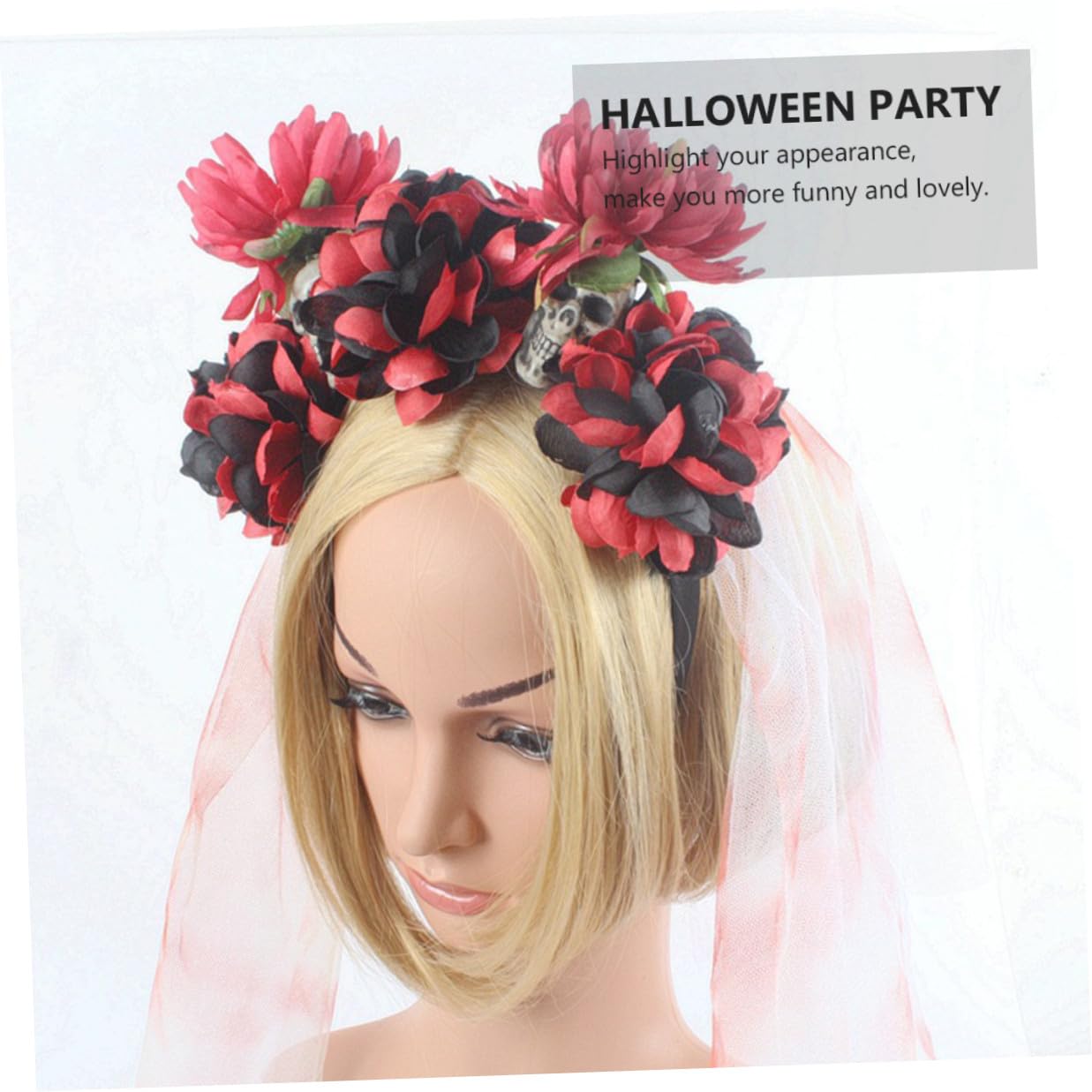 OSALADI Unique Halloween Skull Hairband Crimson and Ebony Chrysanthemum Floral Decoration, Party Hair Hoop for Women, Spooky Decorative Headdress for Halloween Costume and Festival Use