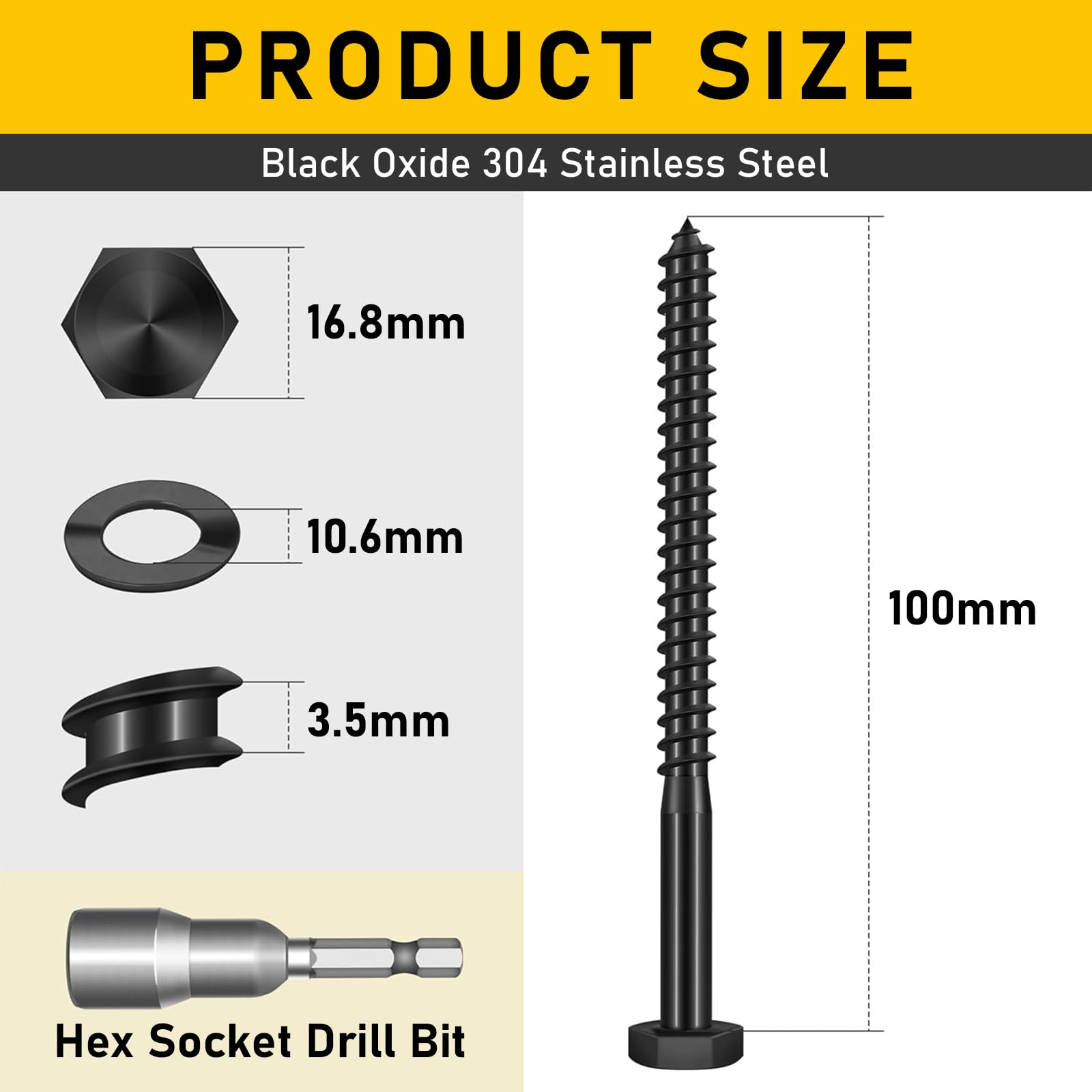 Valorada 8Pcs M10 x 100mm Coach Screws, Heavy Duty Lag Bolts 304 Stainless Steel, 100mm Wood Screws - Image 2