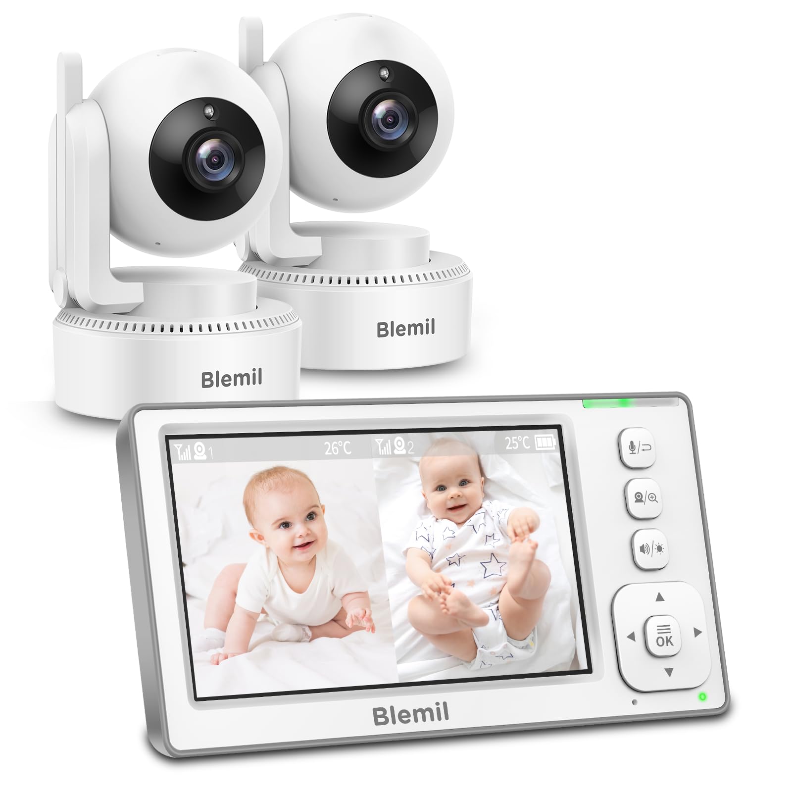 Blemil Monitor de bebé actualizado – Pantalla Grande IPS de 4.3 Pulgadas con división de Pantalla, Control Remoto de panorámica/inclinación/comunicación bidireccional, sin WiFi