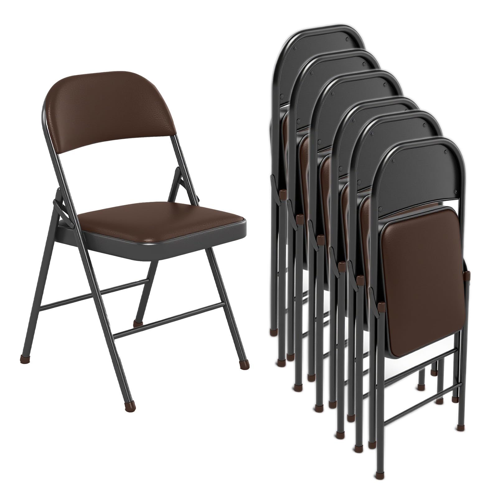 Chaise Pliante en Cuir PU Rembourrée, Cadre en Métal Solide, Légère et Compacte, pour Bureau, Maison, Événements (6, Marron)