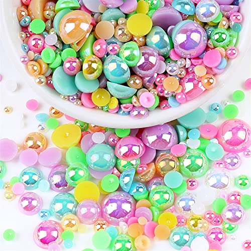 Flatback Pearls for Crafts, 50g Mix AB Color Half Pearls for Crafting, Mixed Size 3/4/5/6/8/10mm Flatback Half Round Pearl Beads for Craft Tumbler Shoes Clothes Cup Projects Nail Face Art