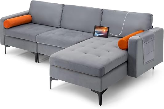 OUDINI L-Shaped Sectional Sofa, Modern Linen Fabric Couches, with 2 USB Ports Grey Convertible Sectional Sofa Couch, for Living Room Apartment Loft
