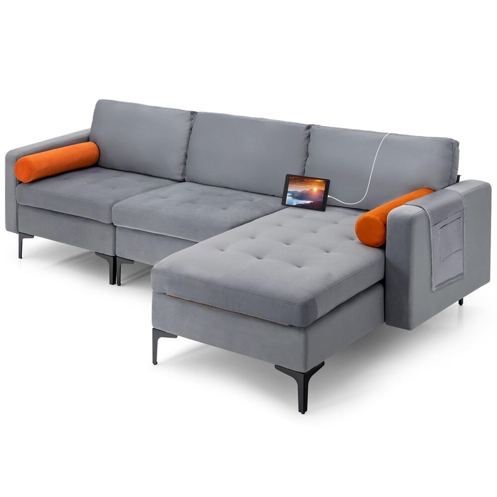 OUDINI L-Shaped Sectional Sofa Modern Linen Fabric Couches with 2 USB Ports Grey Convertible Sectional Sofa Couch for