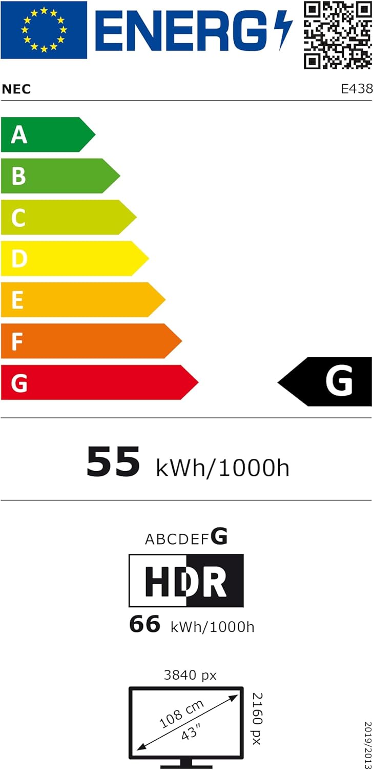 EU Energy Label for the NEC E438 monitor, showing energy efficiency class G and power consumption.