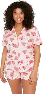 ترنديول طقم بيجامة محبوكة بقبة قميص بنقشة بطيخ للنساء TBBSS22PT0707 مقاس كبير (عبوة من قطعة واحدة)