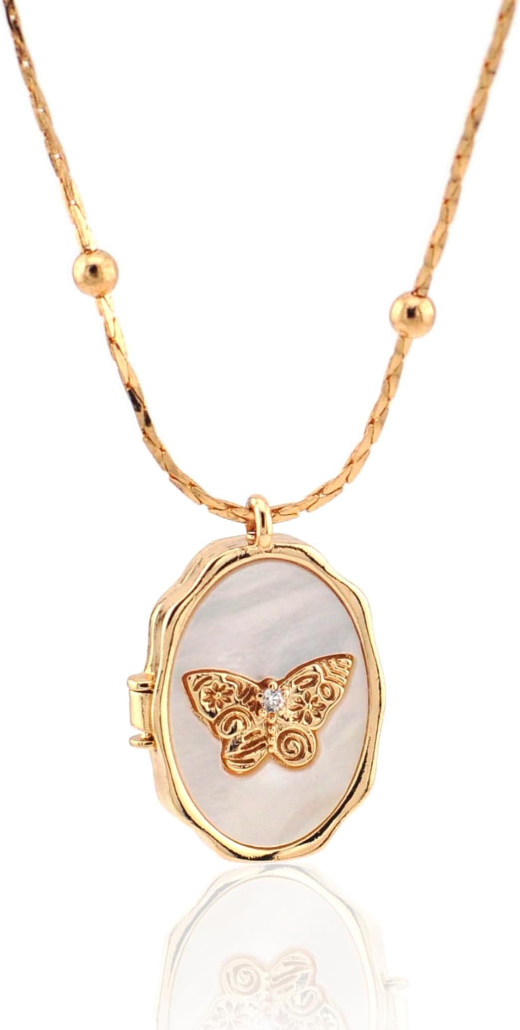 14k Gold Butterfly Shell Locket Necklace, Gifts for Women