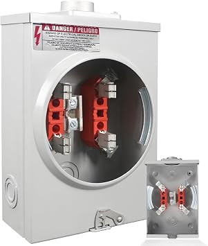 125 Amp Meter Socket, 4 Jaw Meter Base, 600V 1 Phase 3 Wire Ringless Type with Horn Bypass, Suitable for Overhead/Underground Feed Electric Meter Box for Single Family Homes