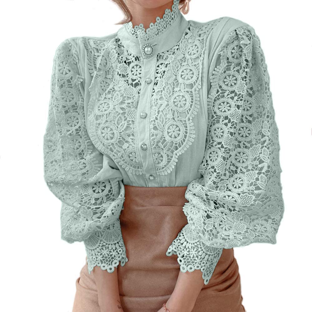 Women’s Elegant Lace Trim Shirts Casual Victorian Blouse Long Sleeve Button Down Tops