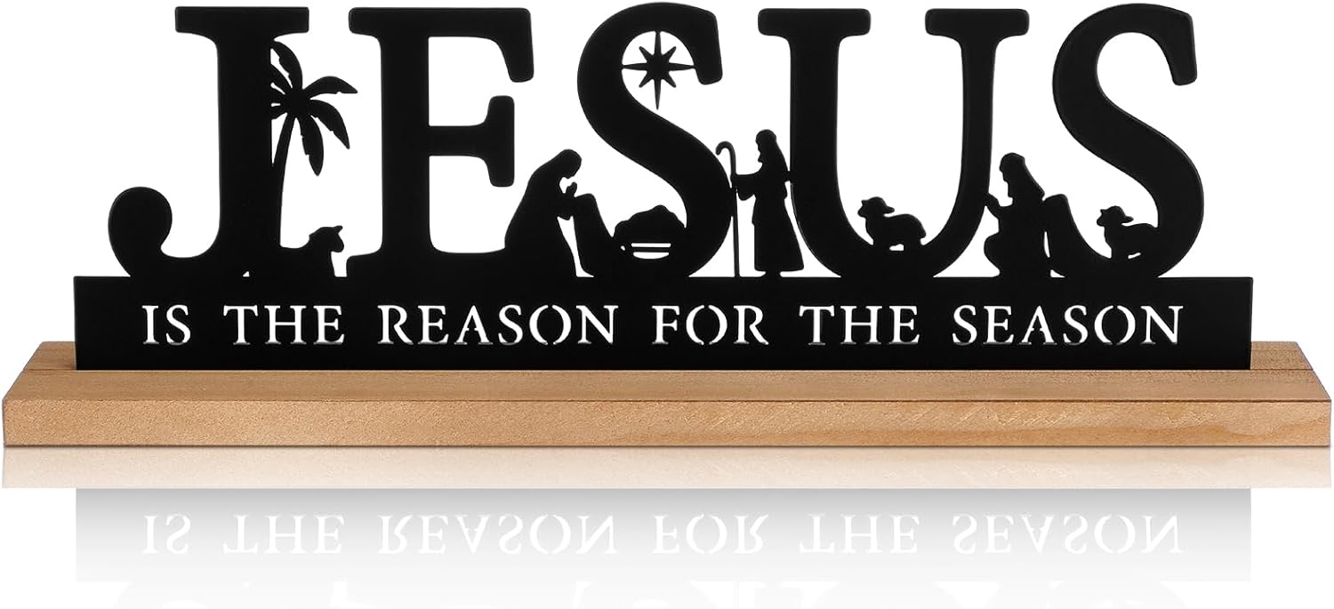 Pinkunn Metal Nativity Sets for Christmas Decorations Black Metal Nativity Scene with Wooden Base for Christmas Xmas Home Indoor Office Kitchen Table Shelf Mantel Tabletop Decor(Jesus)