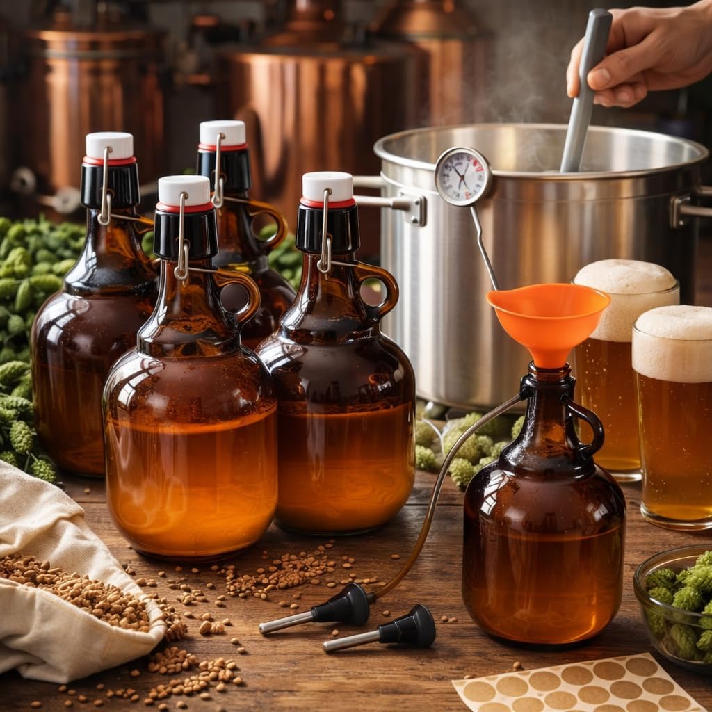 4 Pcs 34oz Beer Bottles for Home Brewing, Amber Glass Gallon Jugs with Airtight Swing Top, Flip Top Storage Bottles Set with Pourers, Funnels, Labels, Glass Containers for Home Brewing
