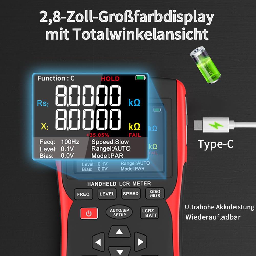Handheld LCR Messgerät mit Batterie Innenwiderstandstester Präzisionsmultimeter für Kapazität/Induktivität, 4 Draht Kelvin Klemmen 100Hz–100kHz