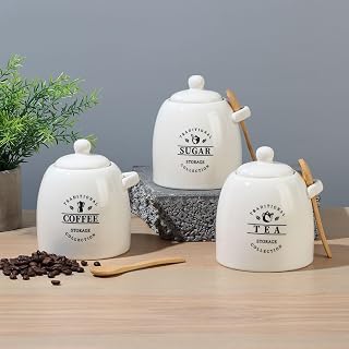 Princess 3-Piece Ceramic Storage Jar Set with Silicone Ring & Wooden Spoon Airtight Kitchen Canisters for Sugar, Coffee, Tea, Stylish Countertop Food Storage Jars,700Ml 10.5 X 10.5 X15.5 Hcm