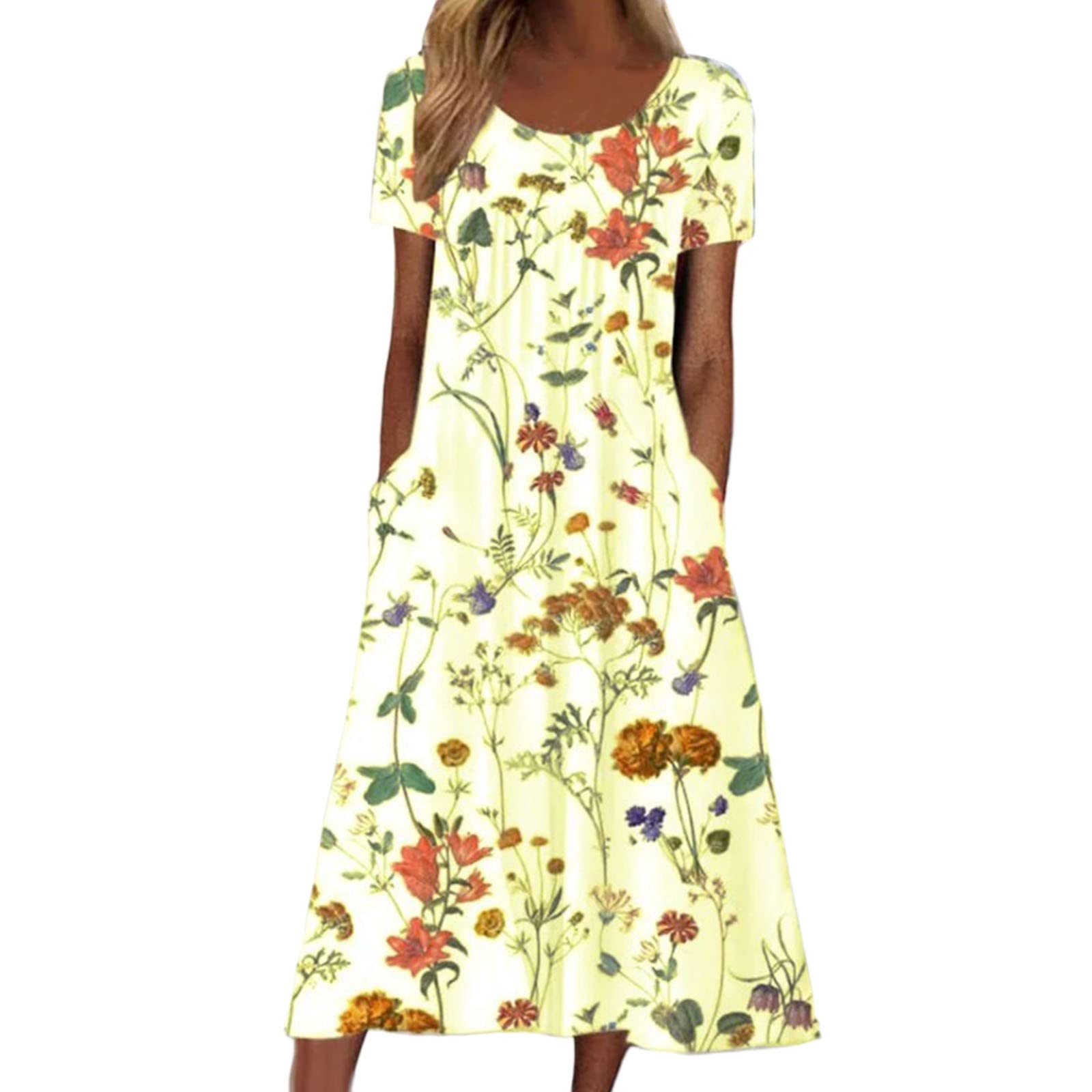 AMDOLE Vestidos de moda para mujer, de verano, manga corta, estampado floral, cuello redondo, vestido largo y ajustado, vestido de punto de algodón