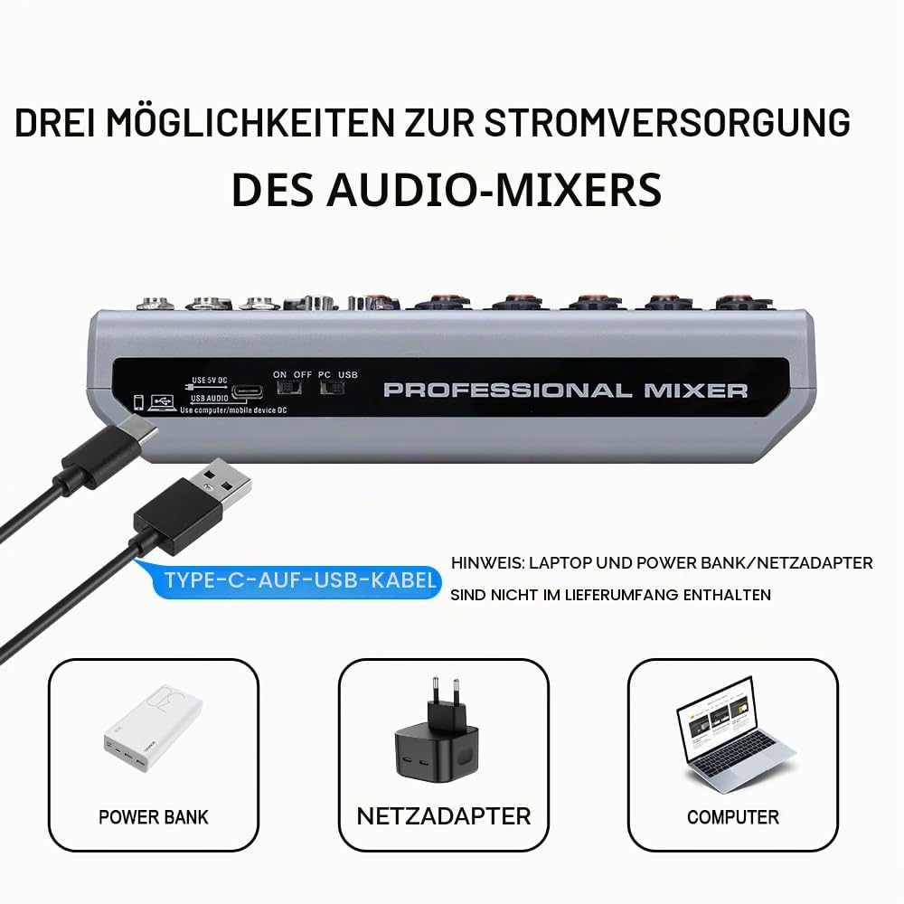 BOMGE Audio Mixer, Soundboard Mischkonsole mit 7-K Digital USB Bluetooth Echo Delay Effekt, 48V Phantomspeisung Stereo DJ Mixers für Aufnahme, Live-Streaming, Podcasting