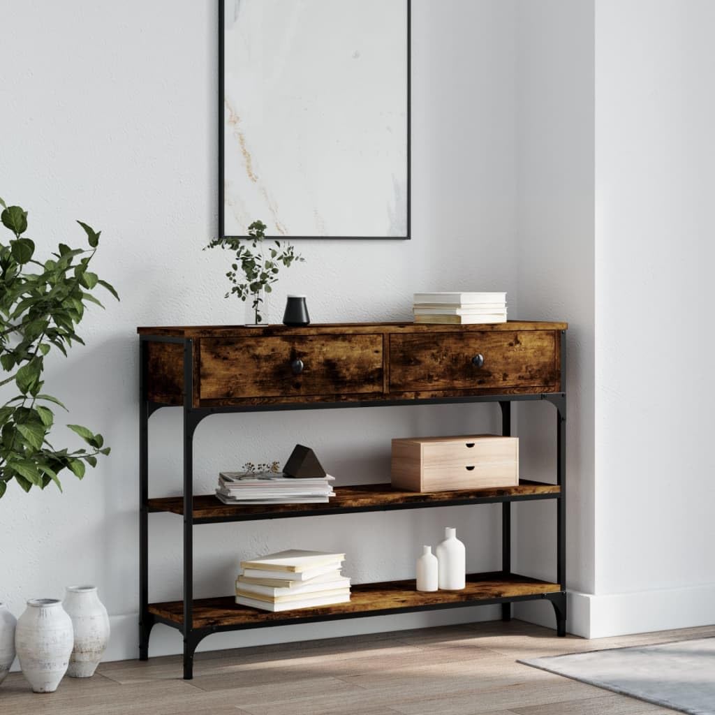 SXZenSpace Console Table Smoked Oak 100x25x75 cm, Engineered Wood with Metal Frame, Slim Hallway Entryway Side Table, Adjustable Feet, Modern Living Room Furniture for Corridor Bedroom
