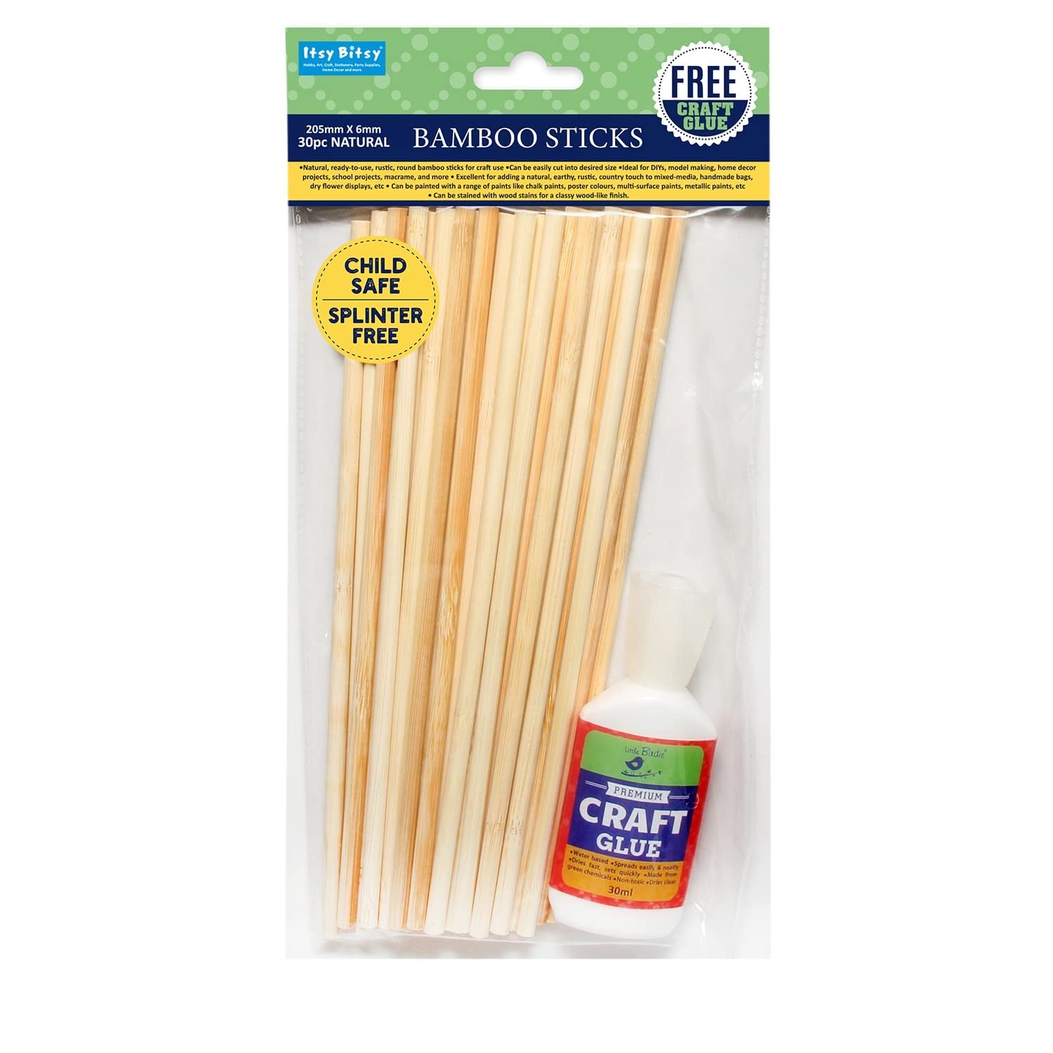 Little Birdie Round Bamboo Sticks Natural 205 x 6mm 30pc with 30ml Glue-image-9
