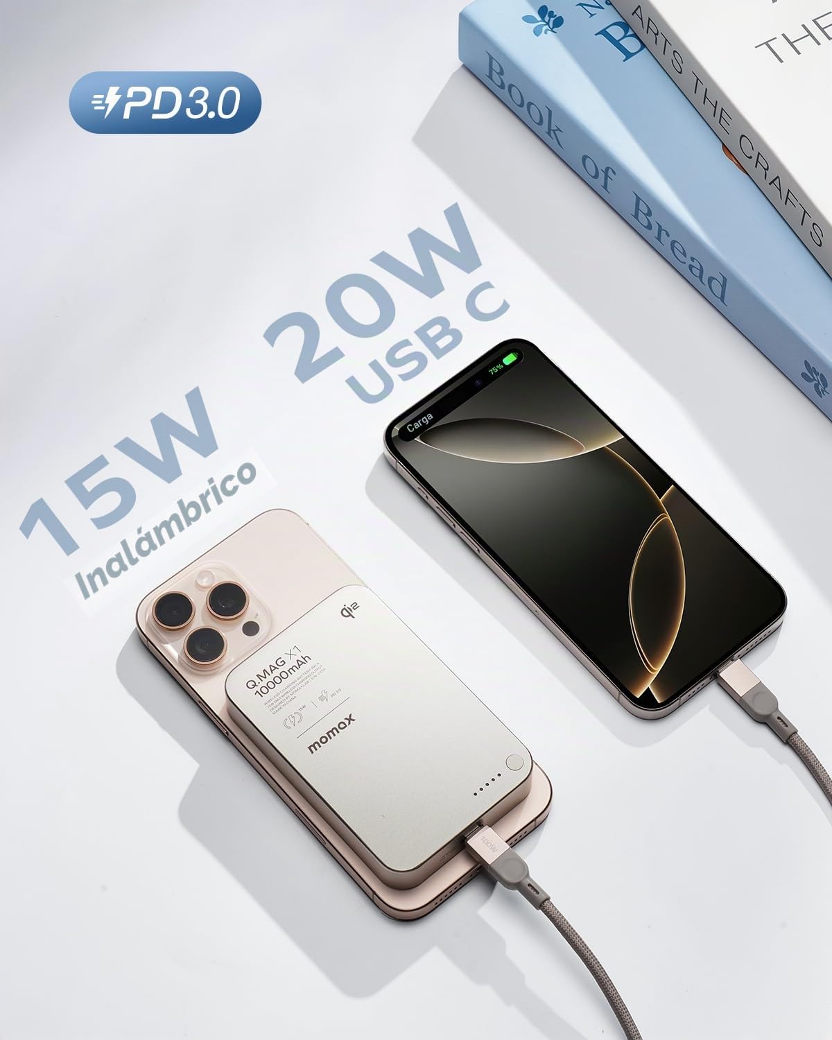 MOMAX Qi2 Powerbank Magnético, 10000mAh Carga rápida Ultra-Fino Cargador Externo magnético, 15W Carga inalámbrica para iPhone MagSafe & Android, Portátil Ligero, Titanio
