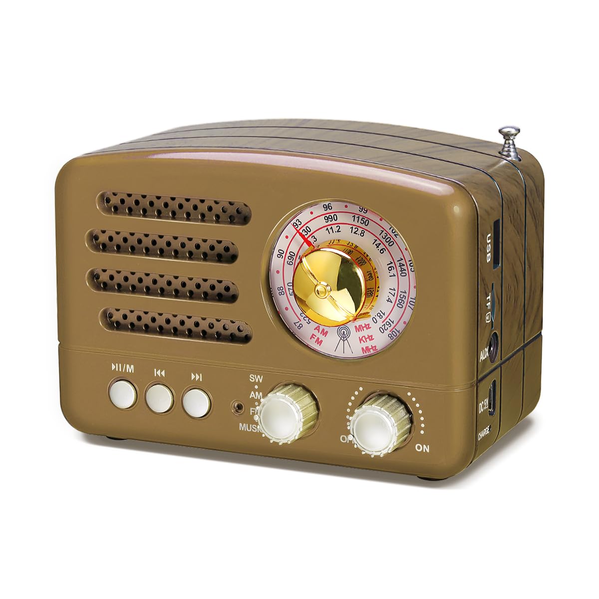 J-160 Small Retro Vintage Radio with Bluetooth Speaker, Portable Transistor AM FM SW, Rechargeable Battery Operated, Support TF Card AUX USB MP3 Player(Gold)-image-13