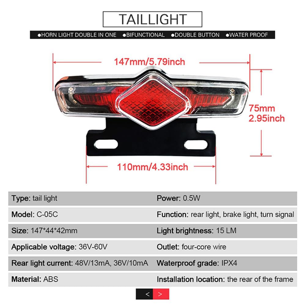 Gaderth Ebike Headlight and Tail Light Sets, LED Night Spotlight Cycling Modification Parts, 48V/36V Front Rear Warning Lights Kit with E-Bike Headlight Turn Signal Rear Light, 12V-72V Switch 24-48V