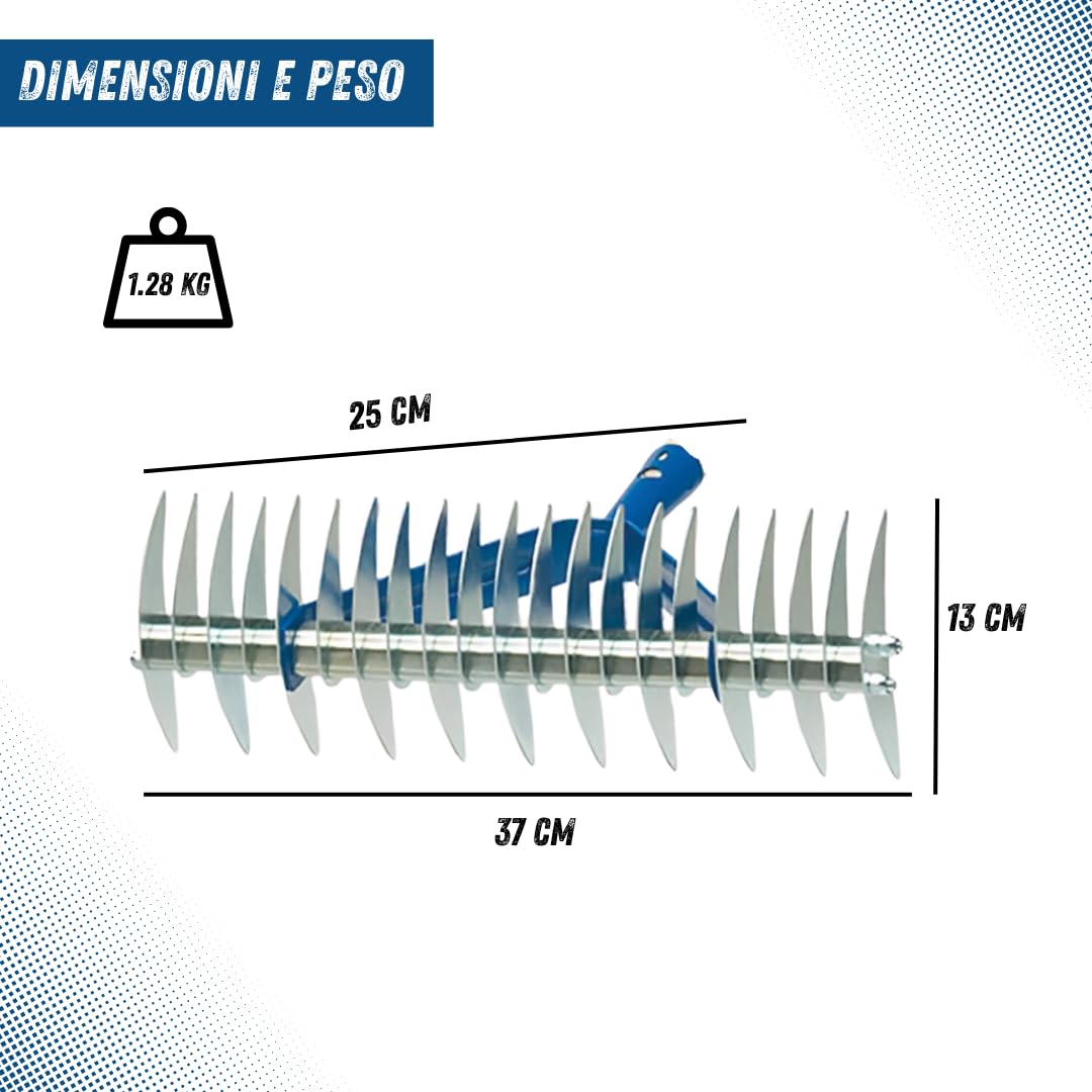 Rastrello Sarchiatore in Acciaio Zincato 32 Denti – 37x13x25 cm – Arieggiatore Manuale per Prato, Attrezzo Professionale per Giardinaggio, Orto, Togli Erbacce, Accessorio Scarificatore (C/MANICO)