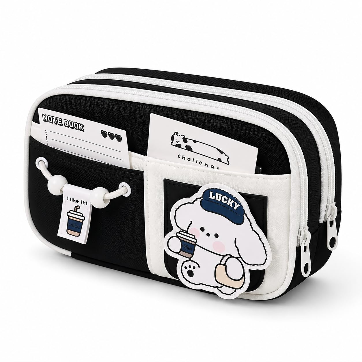Large Capacity Triple Compartment Pencil Case for Boys & Girls | Cute Cartoon Patch Design | Multi-Pocket Stationery Organizer Pouch with Zipper | Black & White-image-45