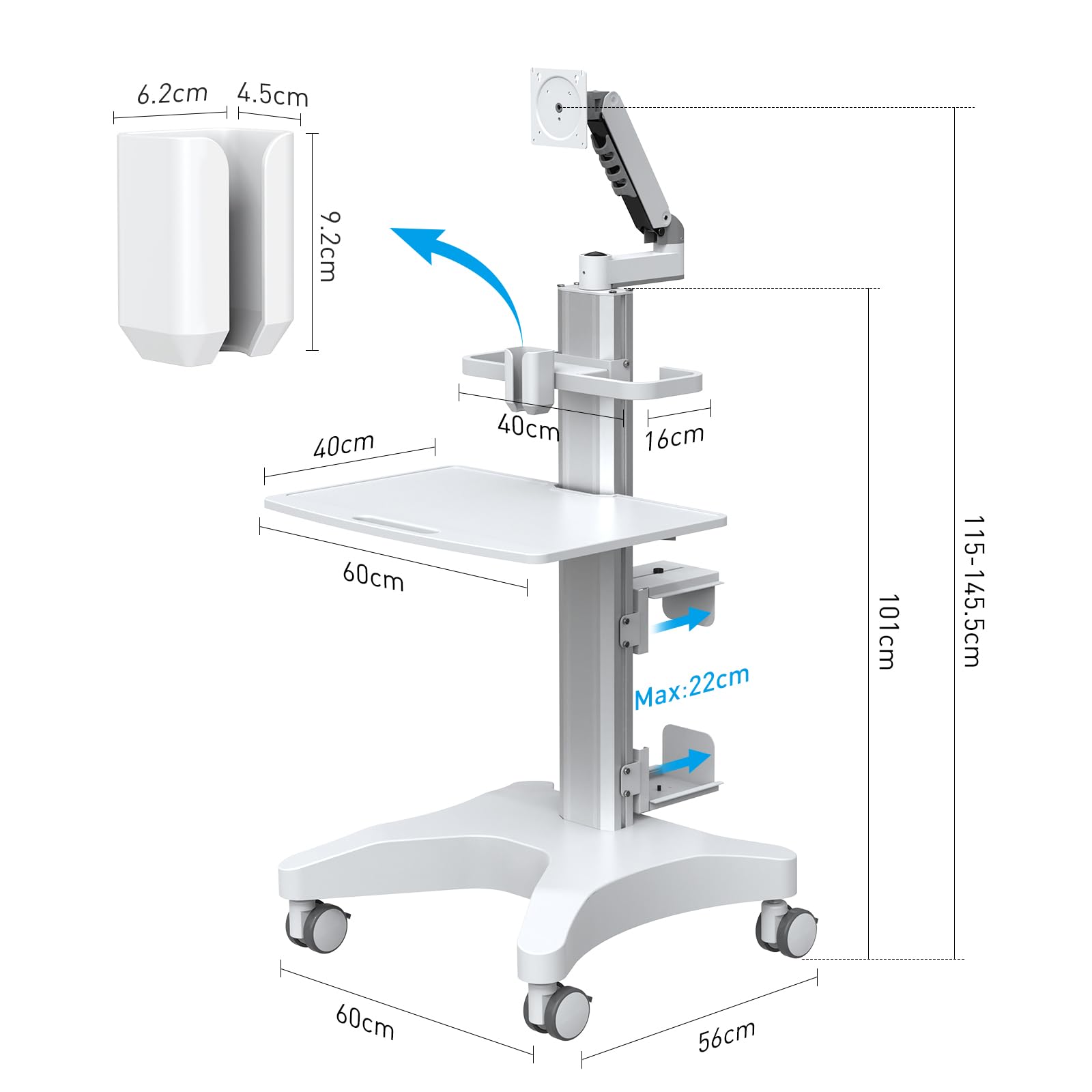 BEWISER Medizinischer Rollwagen Monitor Halterung Mobiles Podium, Mobiler Laptopwagen Robuste Basis, Computertisch Trolley für Zahnklinik, Krankenpflege,PC Workstation