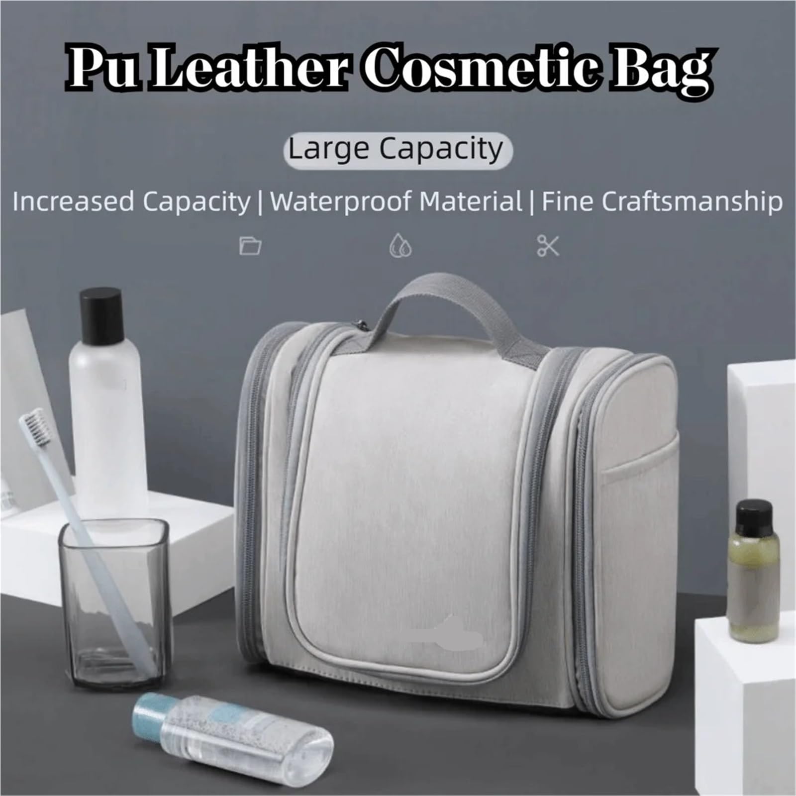 Borsa for trucco da donna impermeabile 1 pezzo con gancio appeso borsa toilette viaggio custodia pieghevole for cosmetici di grande capacità Per Viaggi(Dark Grey)