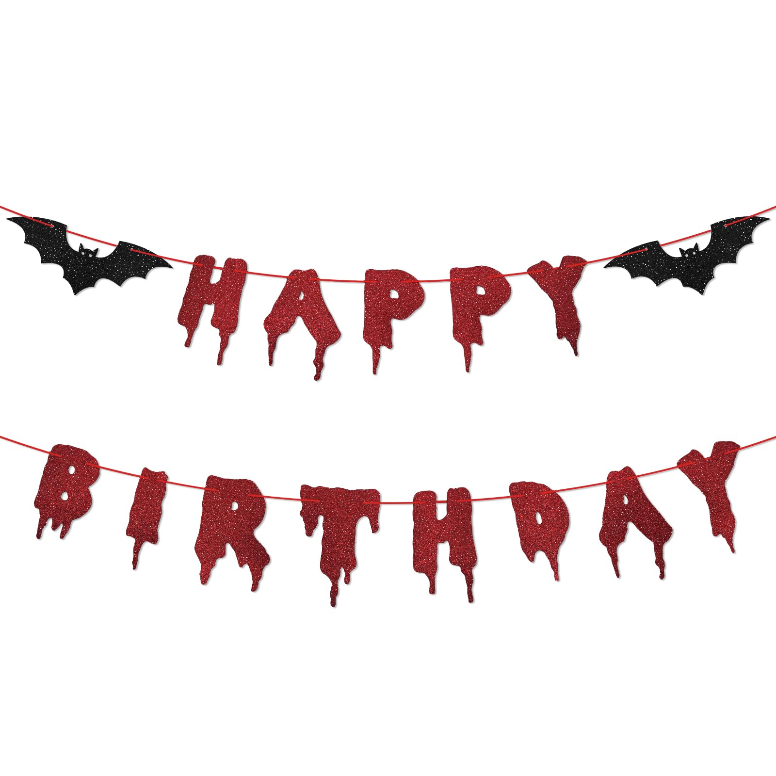 Red Glittery Happy Birthday Halloween Banner - Halloween Hanging Paper Garland Bunting Banner Bloody Bat Vampire Decorations, Photo Backdrop for Wall Home Mantle Office Wall Scary Party Supplies