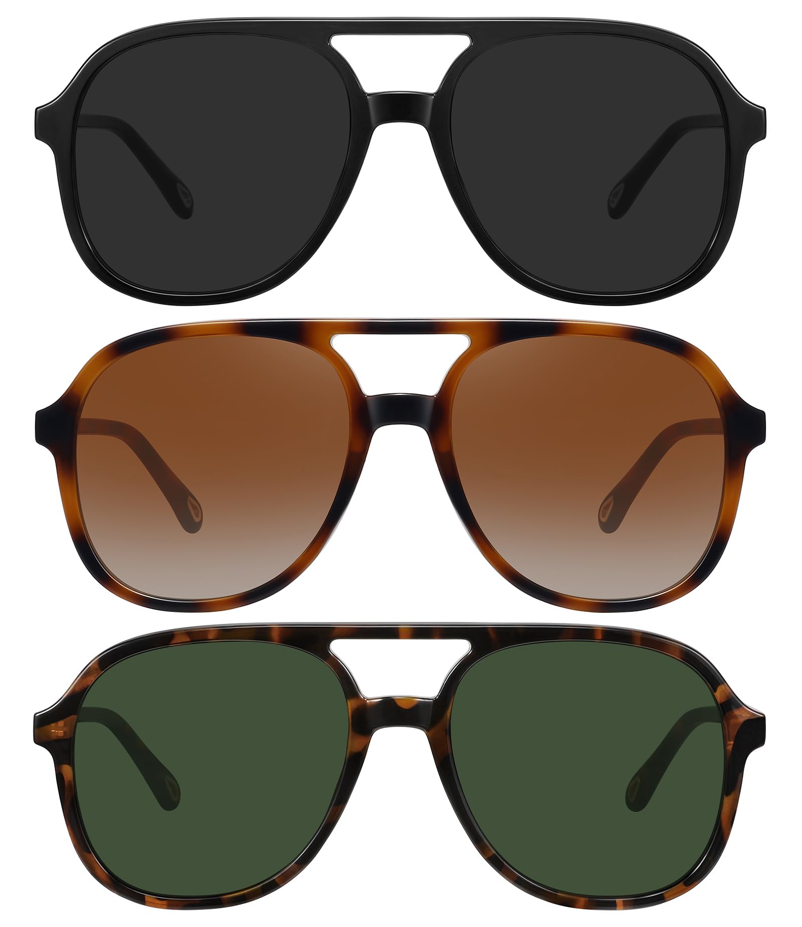 Lentes de sol estilo aviador retro de gran tamaño para mujeres y hombres, cuadrados, de los años 70, estilo vintage, Paquete de 3 (negro + tortuga/marrón + tortuga/verde), Grandes