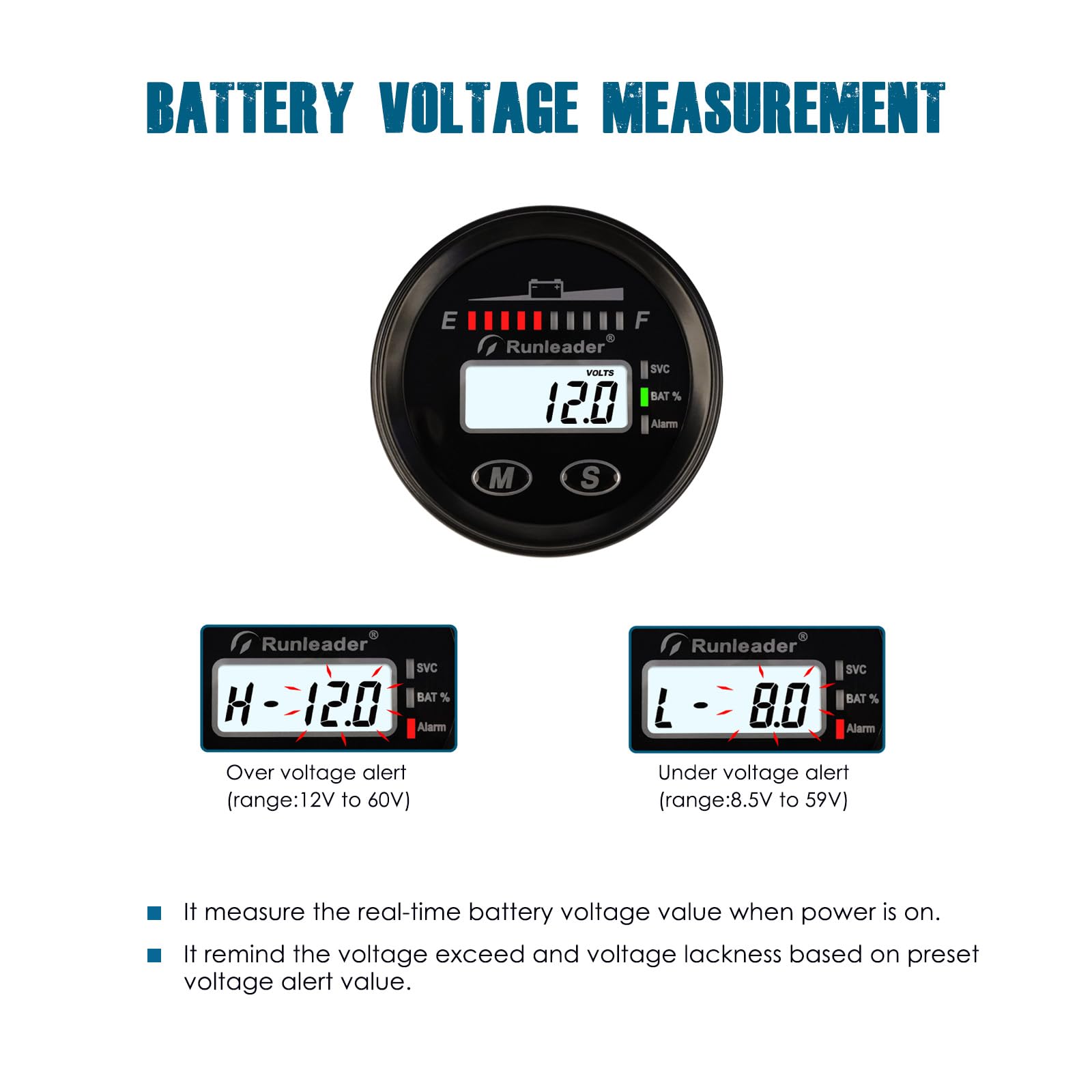 Runleader 12V / 24V 36V 48V Batterieleistungsanzeige, Stunden & Spannungsanzeige, Anwendbar auf Batterie Blei-Säure-Gel LiFePO4 Trojan AGM 18650, Hintergrundbeleuchtungsanzeige für Rasenmäher