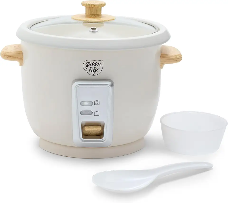 GreenLife Vaporizador de panela de arroz de 6 xícaras, panela antiaderente de cerâmica removível sem PFAS, predefinições automáticas, alça de impressão em madeira, função de manter quente, design de