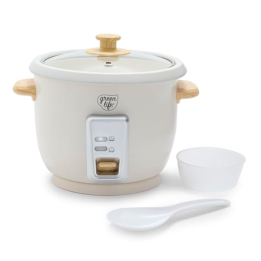 GreenLife Rice Cooker with Removable PFAS-Free Ceramic Nonstick Pot, 3-Cups Uncooked/6-Cups Cooked, Grains & Oatmeal Multicooker, Compact One-Switch Design, Auto Keep Warm, Easy Clean, Cream