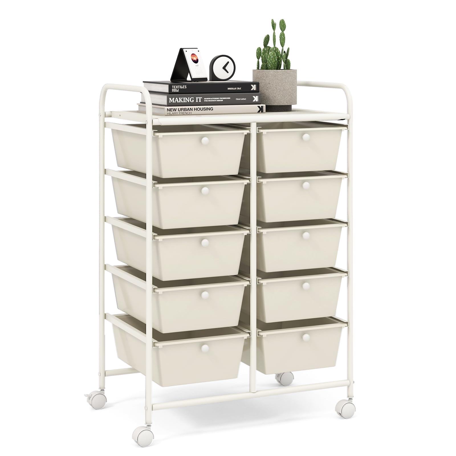 LDAILY 10 Drawer Rolling Cart, Storage Cart Organizer on Wheels, Drawer Cart with Metal Frame &amp; Large Storage Capacity, Rolling Cart with Drawers for Living Room Classroom, Office