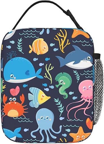 Miniatura 9 de Divertida bolsa de almuerzo con diseño de animales marinos con aislamiento oceánico, reutilizable, impermeable, portátil, bolsa de almuerzo